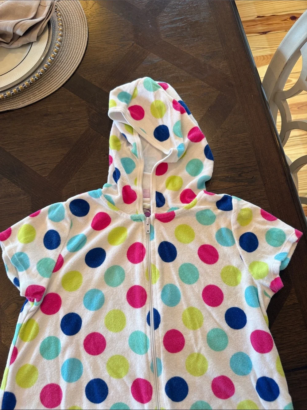 Kids Short-Sleeve Zip coverup/dress - White with Multicolor Polka Dots